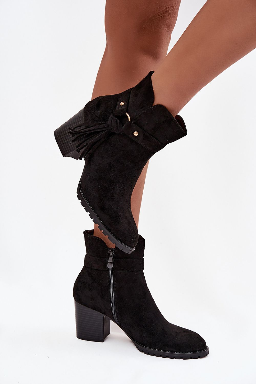 Step in Style luxury eco suede ankle boots, designed for women with a chic fringe strap and a stable 7cm heel, ideal for elegant and casual outfits.