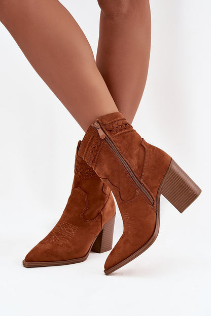 Elegant cowgirl ankle boots by Step in style, crafted from eco-suede, highlighting a massive heel and practical zipper closure for effortless wear.