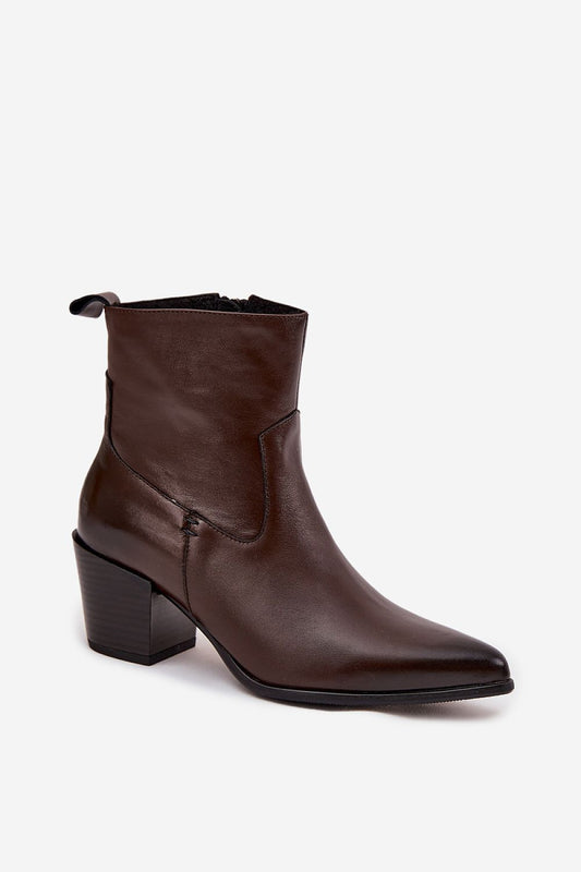Elegant insulated Cowgirl Ankle Boots in natural leather from Step in Style, featuring a pointed toe and unique column heel, perfect for all occasions.
