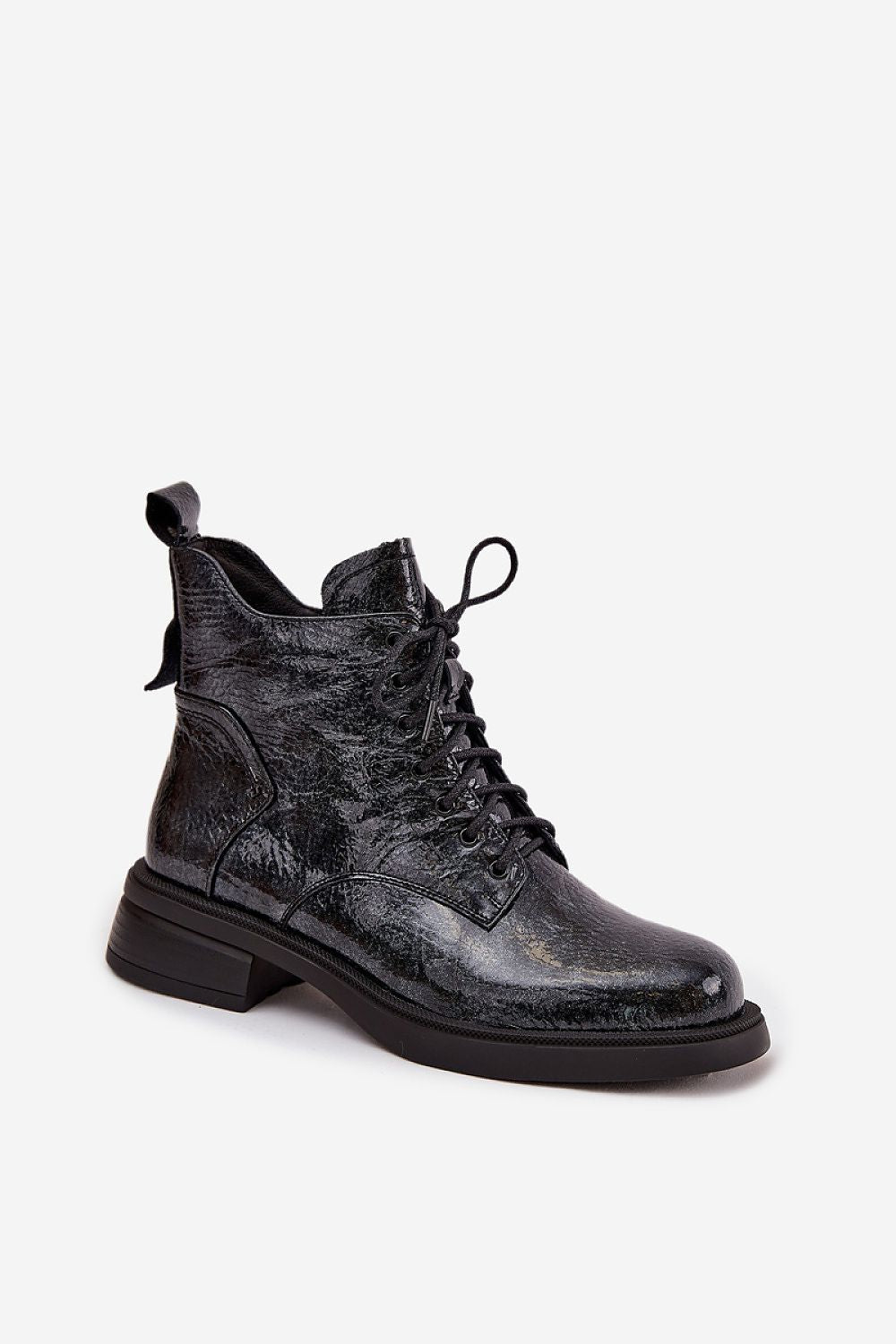 Chic natural patent leather ankle boots for women from Step in Style, showcasing practicality with laces and zipper design, perfect for versatile styling.