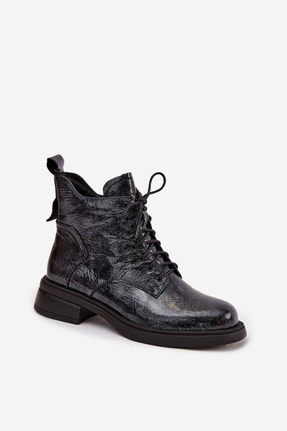 Chic natural patent leather ankle boots for women from Step in Style, showcasing practicality with laces and zipper design, perfect for versatile styling.