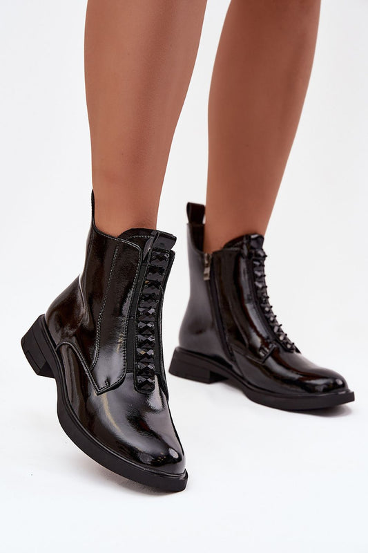 Luxury women's ankle boots in natural patent leather by Step in Style, featuring a sleek zipper fastening and a 3 cm heel, perfect for elegant and modern fashion.