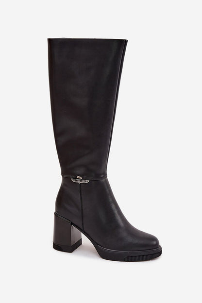 Vinceza Women's Musketeer Heeled Leather Boots featuring a stable 8.5 cm column heel and a rounded toe design, offering timeless elegance and comfort for everyday wear.