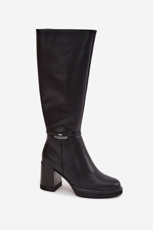 Vinceza Women's Musketeer Heeled Leather Boots featuring a stable 8.5 cm column heel and a rounded toe design, offering timeless elegance and comfort for everyday wear.