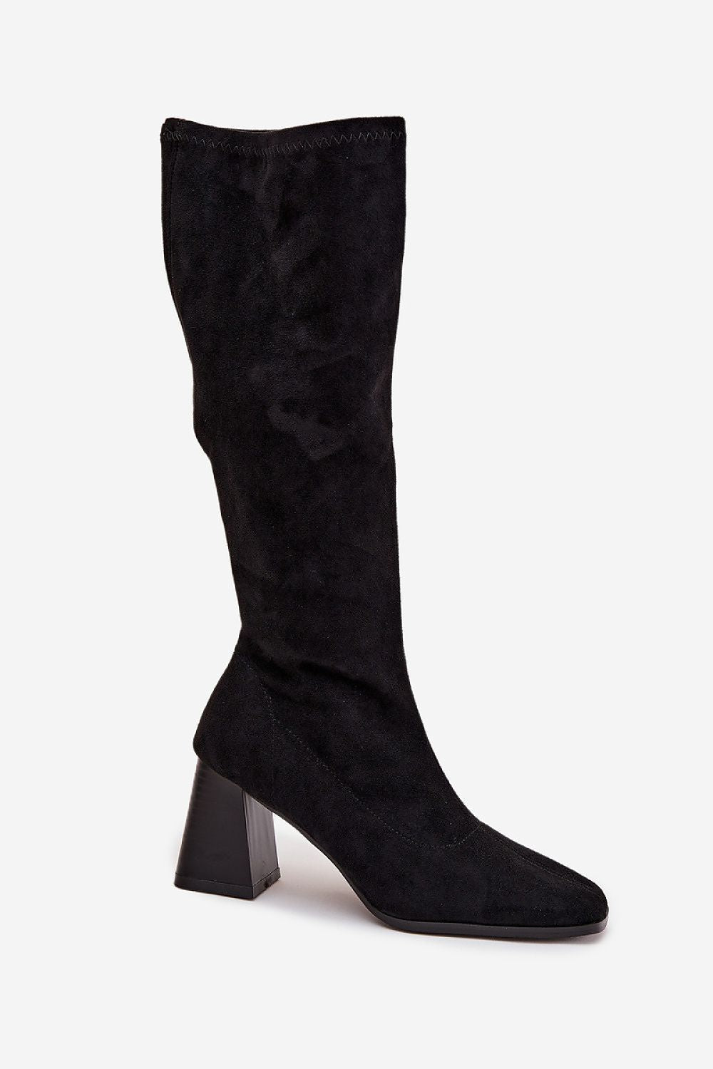 Chic slip-on eco suede heel boots for women, designed by Step in style, showcasing a snug, adorned shaft and rounded toes for a feminine silhouette.