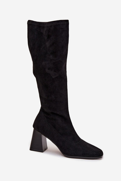Chic slip-on eco suede heel boots for women, designed by Step in style, showcasing a snug, adorned shaft and rounded toes for a feminine silhouette.