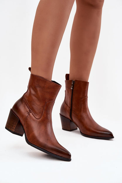 Stylish Cowgirl Ankle Boots from Step in Style, showcasing luxurious natural leather and a fashionable cut heel, suitable for both jeans and dresses.