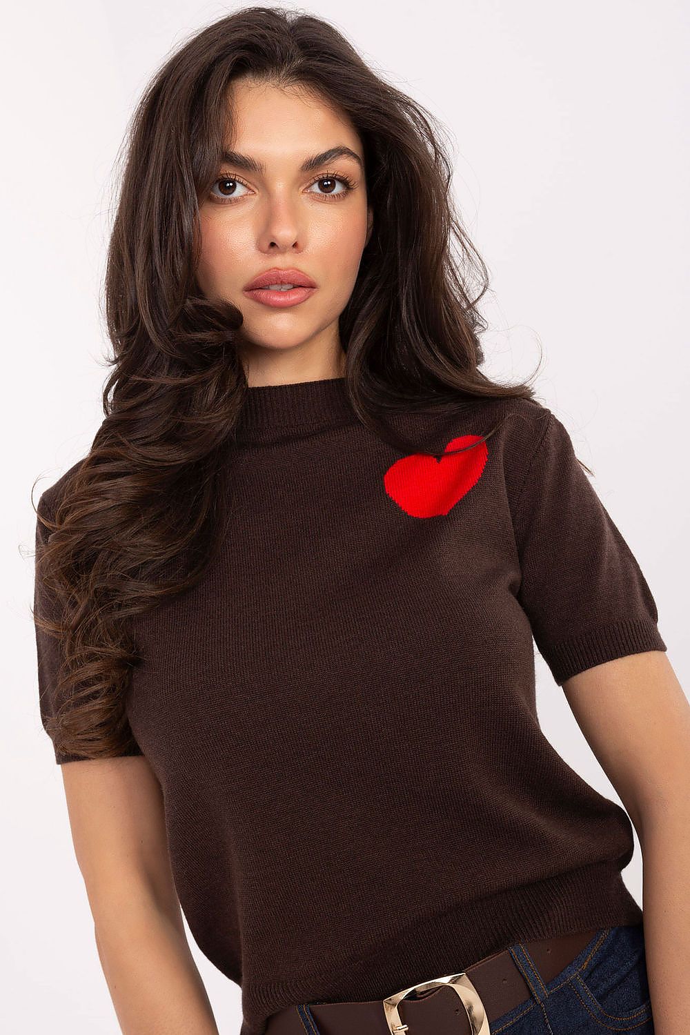 Elegantly designed short sleeve women's sweater by Factory Price featuring a charming heart print, perfect for casual and stylish occasions.