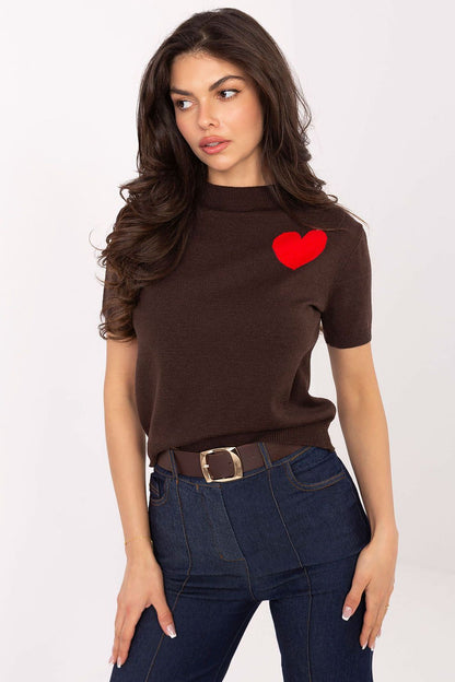 Elegant short sleeve women's sweater featuring a charming heart print, crafted by Factory Price. Available in EU sizes 0-2, this stylish blend of viscose, polyamide, and PBT offers comfort and a perfect silhouette fit.
