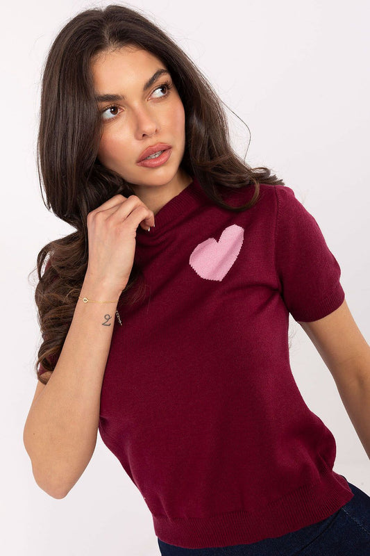 Stylish short sleeve women's sweater with heart print by Factory Price, made from a luxurious viscose-polyamide blend, perfect for elegant casual wear.