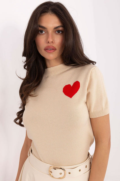 Luxurious short sleeve women's sweater with heart print, crafted from a comfortable viscose blend by Factory Price, perfect for elegant everyday wear.