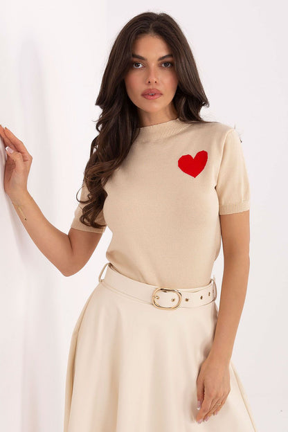 High-end women's sweater with short sleeves and heart motif, made from a soft viscose blend by Factory Price, ideal for trendy casual outfits.