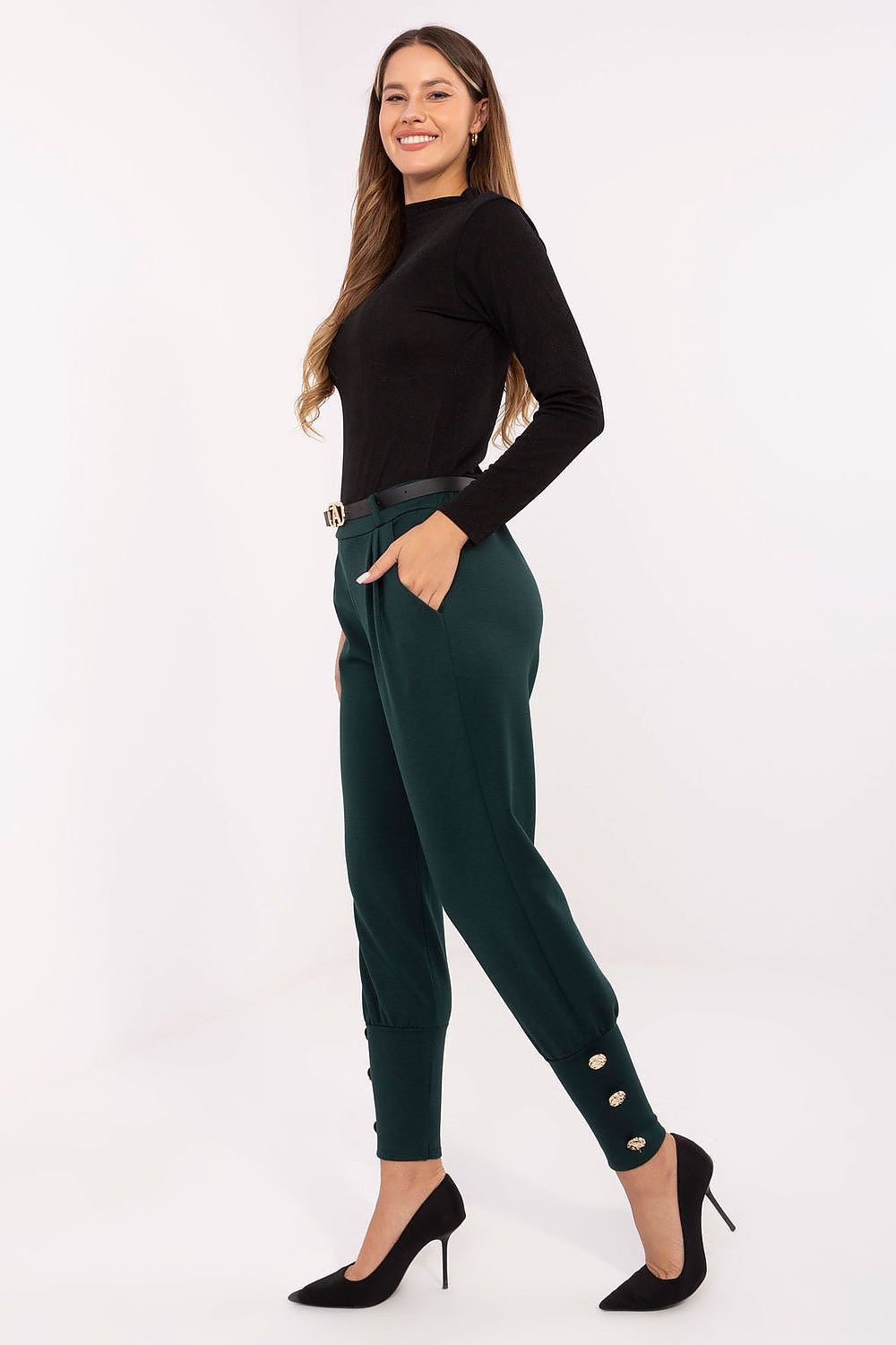Chic high-waisted tapered leg sweatpants for women by Factory Price, showcasing a refined silhouette and luxurious comfort with side pockets and decorative button detailing.