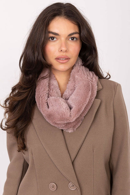Elegant luxury 100% polyester infinity scarf by AT, featuring a soft fur collar, perfect for stylish warmth on colder days.