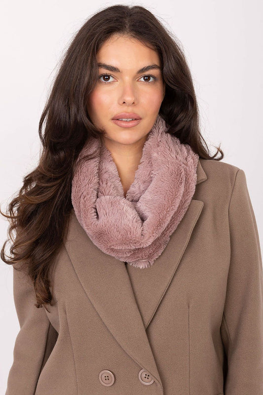 Elegant luxury 100% polyester infinity scarf by AT, featuring a soft fur collar, perfect for stylish warmth on colder days.