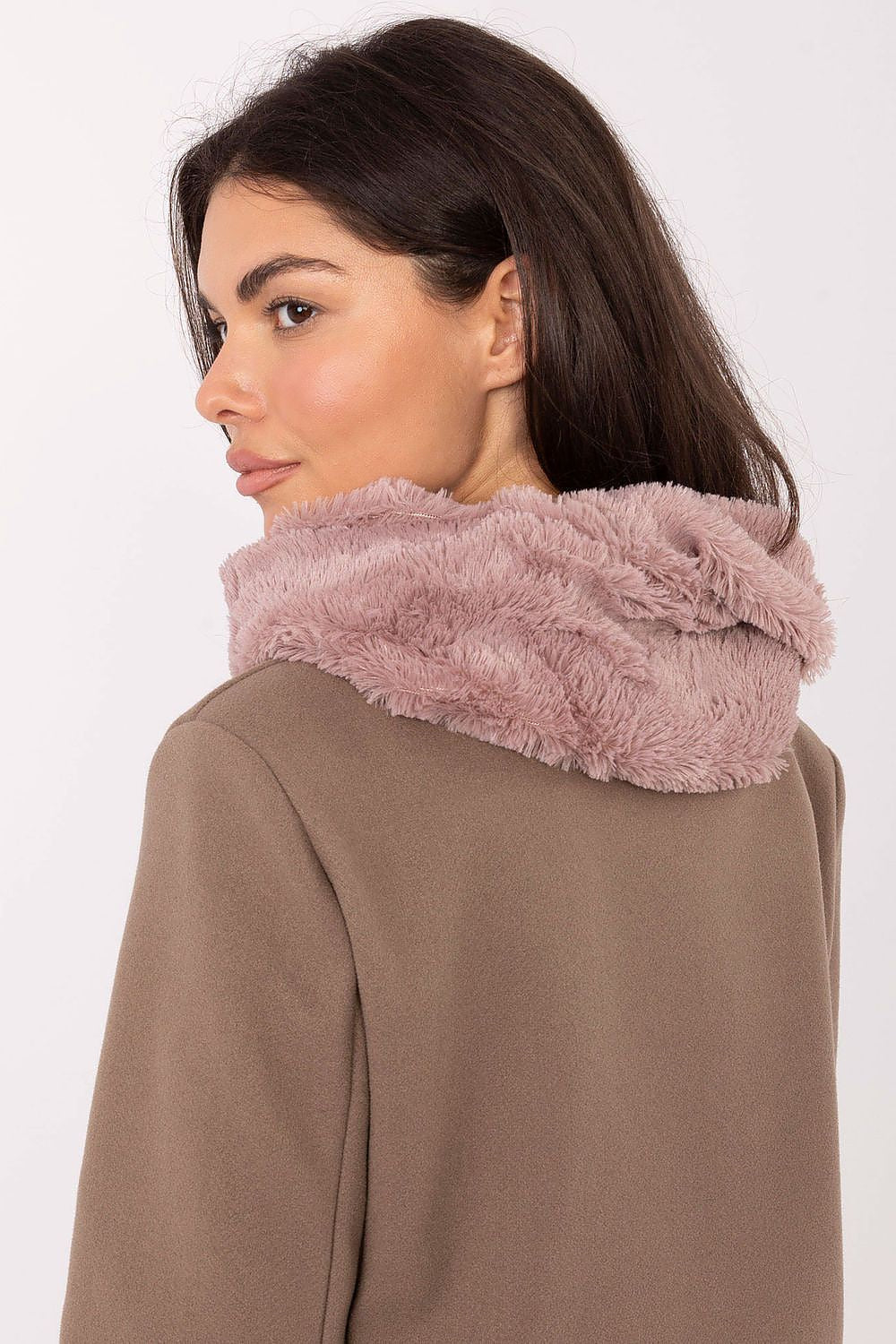 Stylishly draped 82 cm long infinity scarf from AT, designed with a plush fur collar to enhance winter outfits with luxury and warmth.
