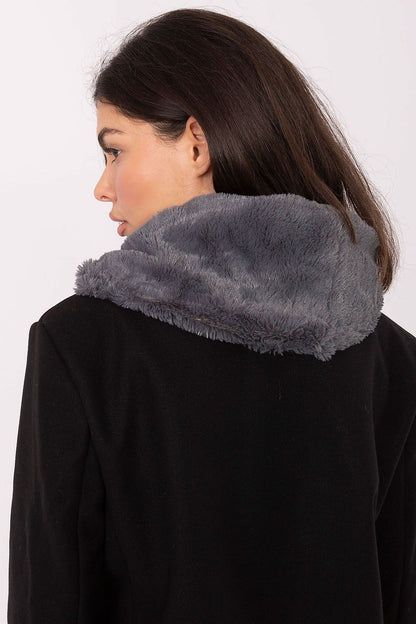 Luxurious 100% polyester infinity scarf by AT, soft fur neck warmer designed for winter fashion, measuring 82 cm long and 24 cm wide.