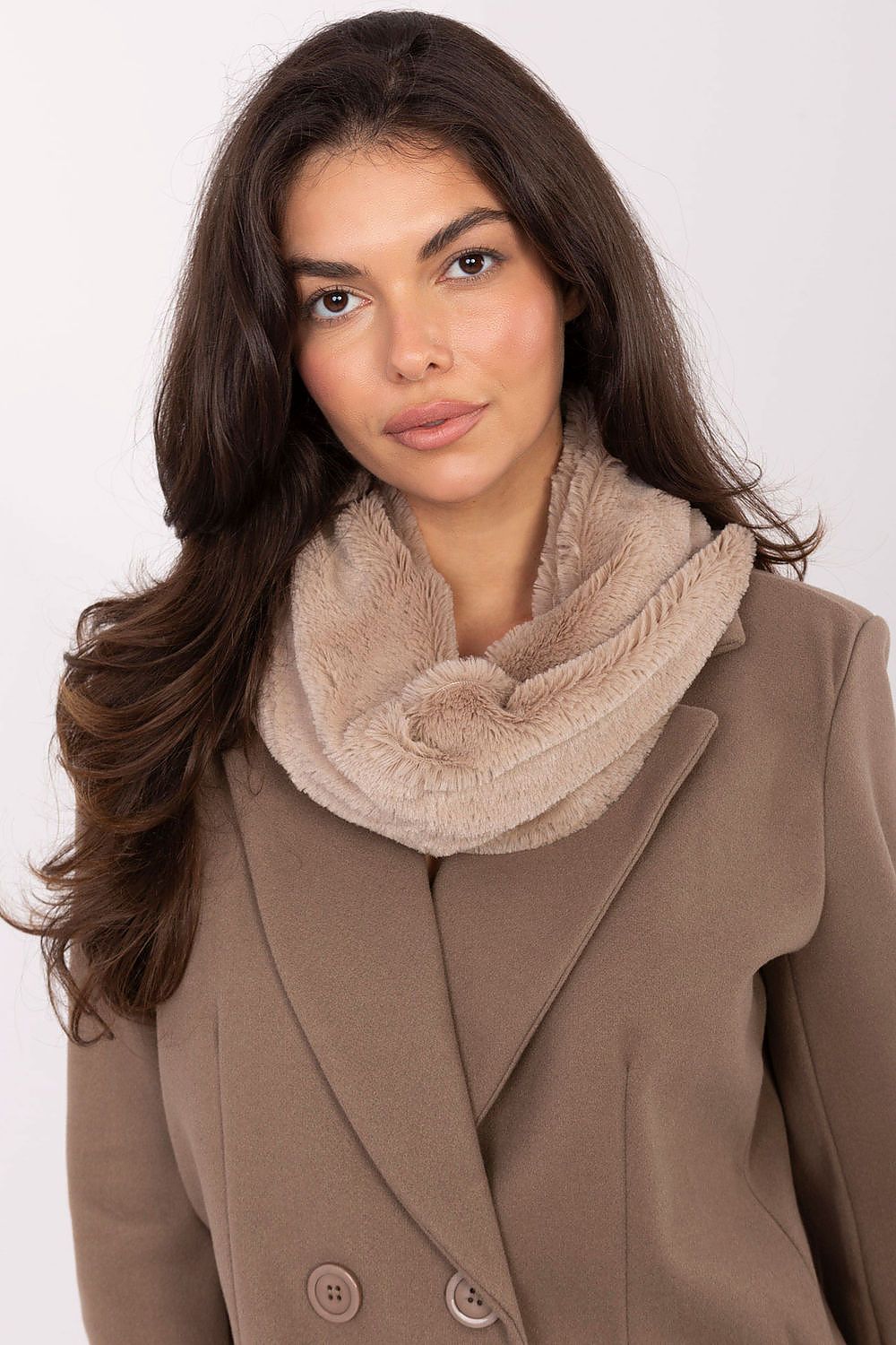 Luxury 100% Polyester Infinity Scarf from AT, soft fur neck warmer designed for stylish winter outfits.