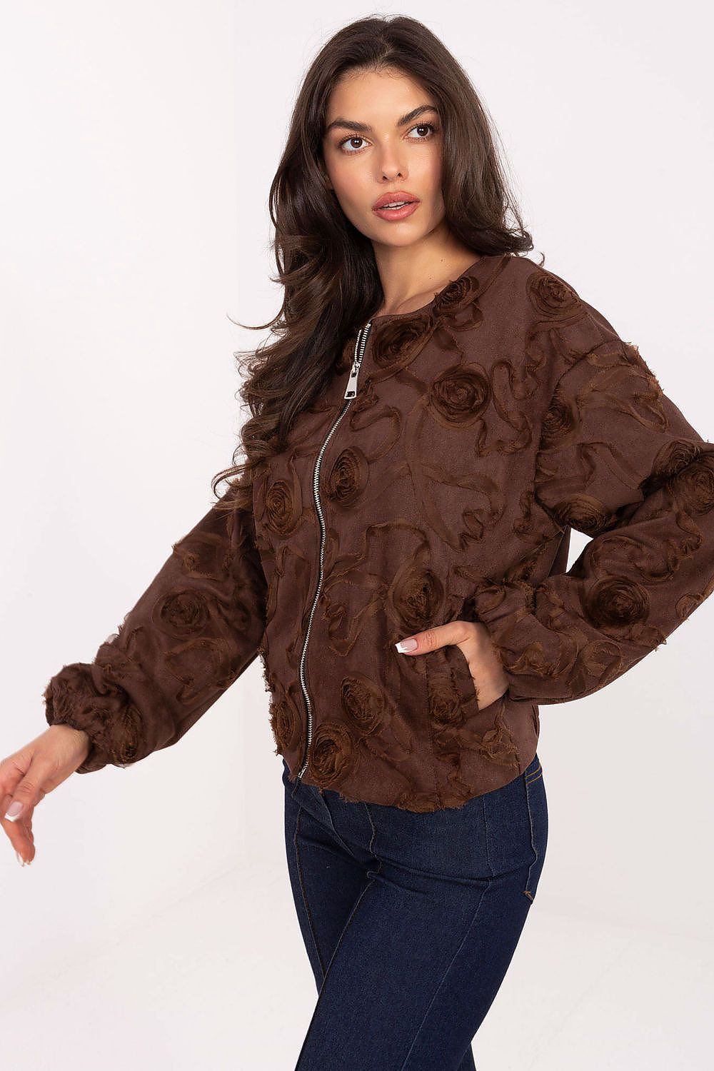 Rue Paris elegant women's bomber jacket size EU 0 featuring stylish floral appliqué, perfect for layering in transitional seasons.