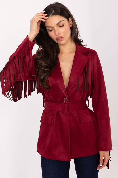 Elegant Boho Suede Blazer with Shoulder Pads and Fringes by Rue Paris, showcasing unique design and luxurious appeal.