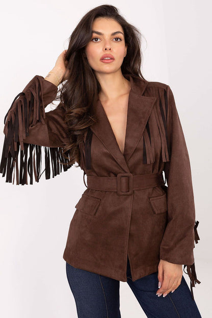 Luxurious stylish women's suede blazer from Rue Paris, featuring fringes, shoulder pads, and a waist belt, epitomising elegance and comfort for a fashion-forward look in sizes EU 0-2.