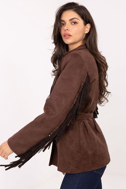 Elegant women's suede blazer by Rue Paris featuring stylish fringes, sophisticated shoulder pads, and a chic waist belt, perfect for any fashion-forward wardrobe.