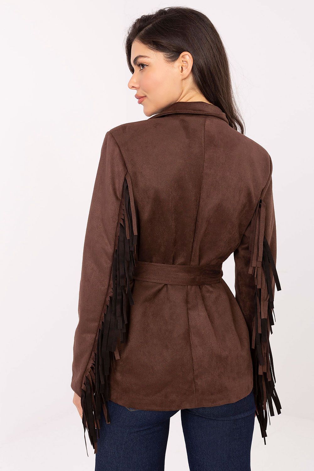 Luxurious Rue Paris women's suede blazer showcasing a modern design with fringes, structured shoulder pads, and a flattering waist belt, ideal for both casual and formal outfits.