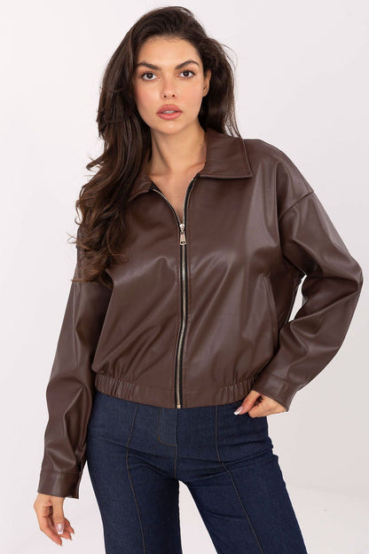 Luxury eco leather jacket for women by Rue Paris featuring a casual design and wide collar, perfect for autumn and winter.