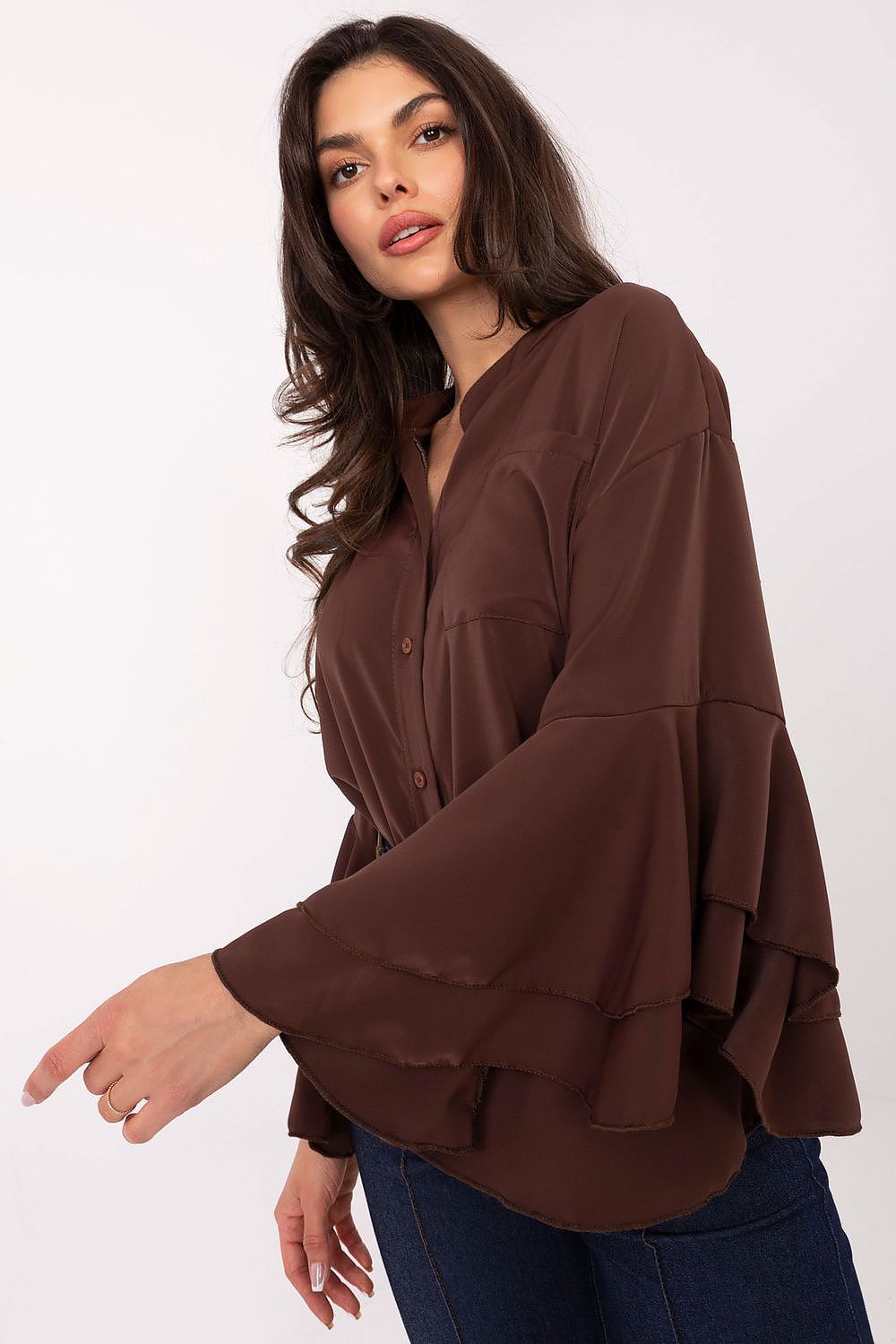 Full view of the Rue Paris long sleeve shirt in size EU 0, highlighting its feminine cut and practical chest pocket for a luxurious everyday look.