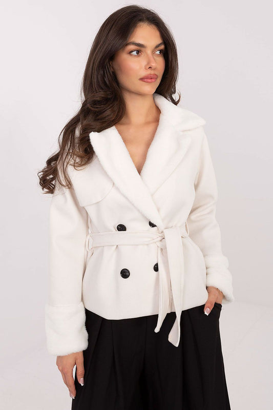 Elegant women's fur trim coat by Rue Paris, featuring a modern double-breasted design and stylish belt, perfect for autumn and winter wear, showcasing a luxurious blend of polyester and elastane.
