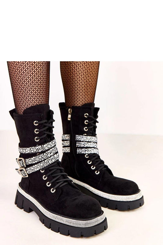 Elegant Solea women's ankle boots in ecologic suede leather, featuring decorative zircon details and stylish lacing, perfect for urban chic.