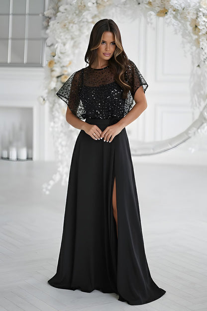 Stunning elegant long dress designed by Bicotone, featuring thin straps and a sparkling sequin bolero adorned with a rose, perfect for luxurious evening occasions.