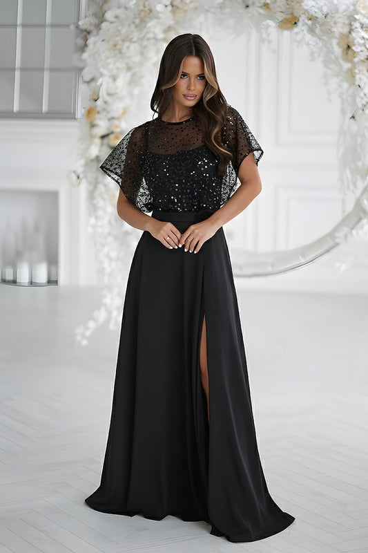 Stunning elegant long dress designed by Bicotone, featuring thin straps and a sparkling sequin bolero adorned with a rose, perfect for luxurious evening occasions.