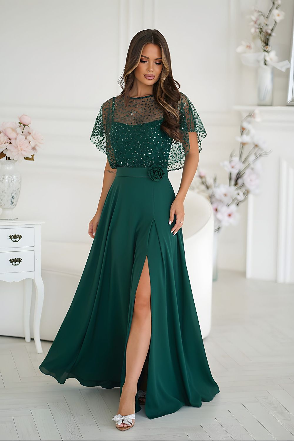Luxurious elegant long dress by Bicotone, featuring thin straps and a stunning sequin bolero with a rose detail, ideal for evening outings and special occasions.