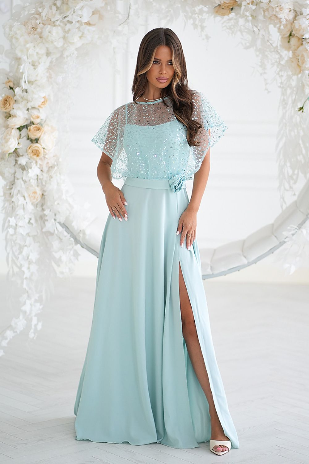 Elegant lightweight long dress by Bicotone, featuring thin straps and a sequin bolero with a rose belt, perfect for evening occasions in EU sizes 38 to 48.