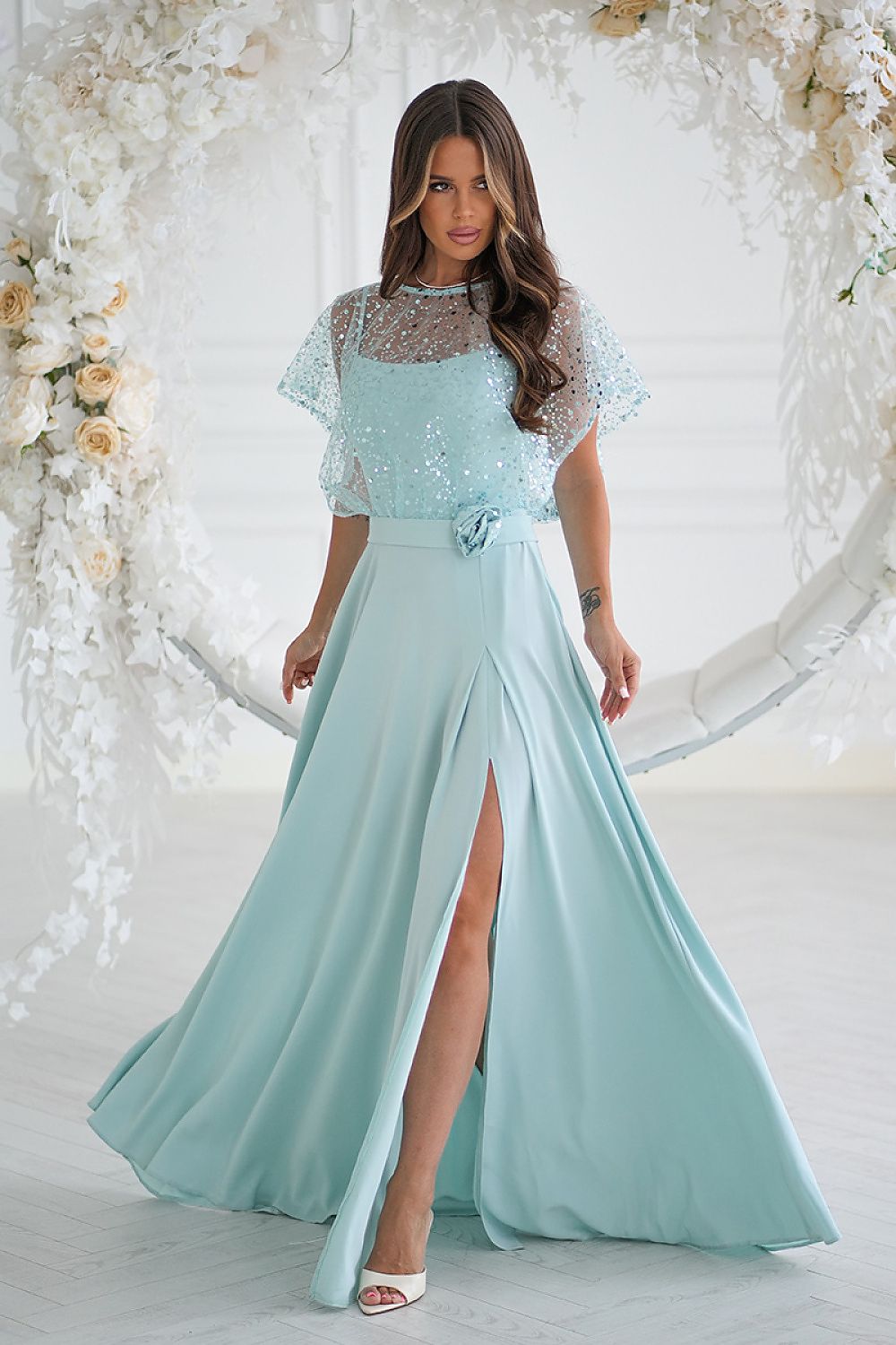 Bicotone elegant lightweight long dress in sizes EU 38 to 48, featuring a beautiful sequin bolero, perfect for special evening occasions.