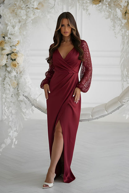 Elegant Bicotone long dress featuring shimmering sequined sleeves, heart-shaped neckline, and a striking leg slit, available in sizes EU 34 to 48.