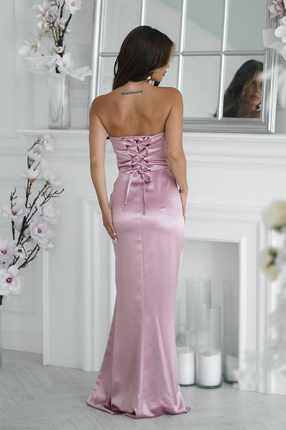 Bicotone satin strapless dress with high slit displayed elegantly, highlighting its sophisticated silhouette and premium fabric.