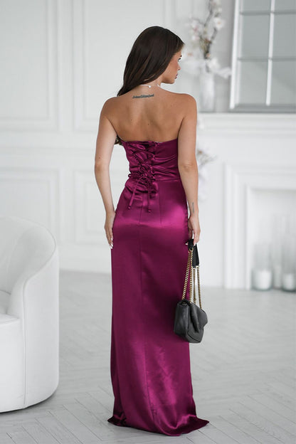 Full length view of an elegant Bicotone strapless satin long dress, highlighting its flattering silhouette and sophisticated high slit for glamorous events.