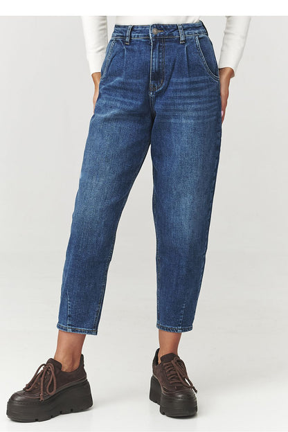 Elegant High-Waisted Makadamia Mom Fit Jeans in Navy, showcasing superior comfort and chic style, perfect for sophisticated casual wear.