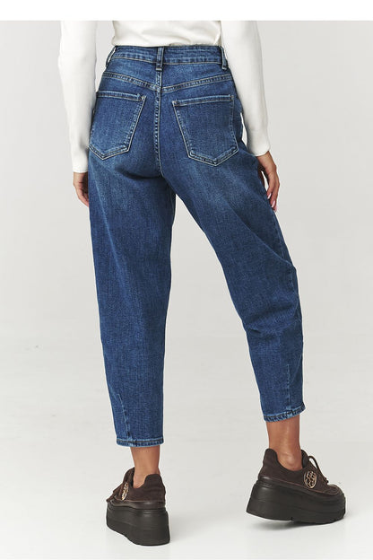 Luxurious High-Waisted Makadamia Mom Fit Jeans in Navy, expertly crafted denim that combines elegance with everyday practicality.