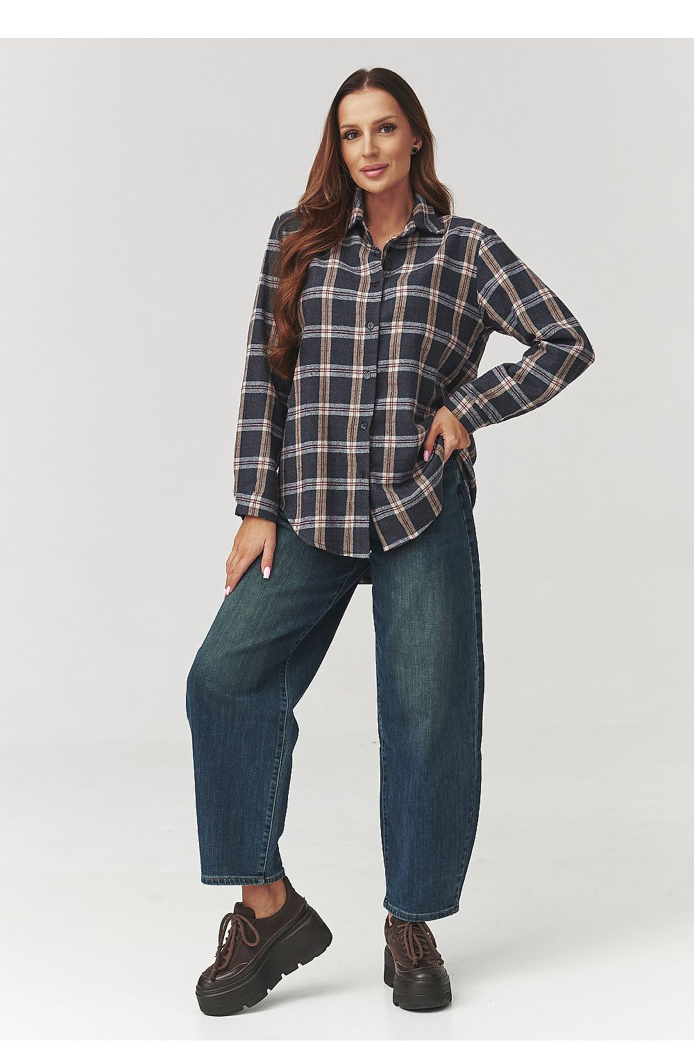 Makadamia Long Sleeve Cotton Plaid Shirt in elegant loose fit, showcasing classic plaid design, perfect for a luxury casual style.