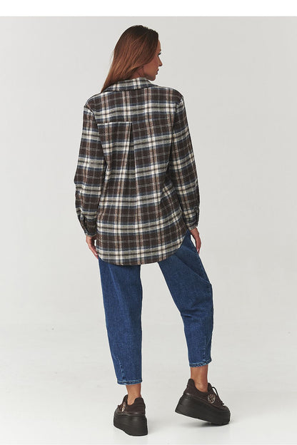 Close-up view of the Makadamia Long Sleeve Cotton Plaid Shirt's buttons and fabric texture, emphasizing quality craftsmanship and luxurious feel.