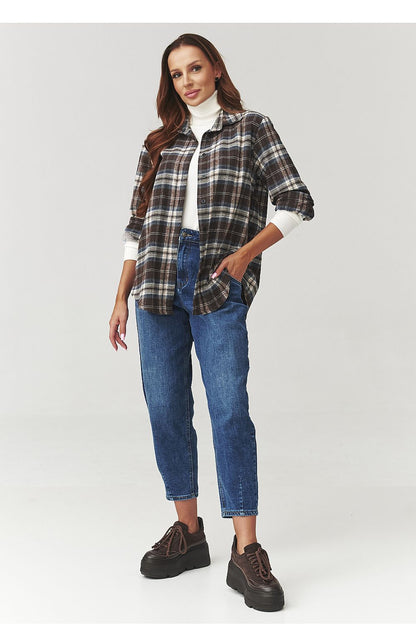 Makadamia Long Sleeve Cotton Plaid Shirt in elegant loose fit design, showcasing timeless plaid pattern for luxurious casual style.