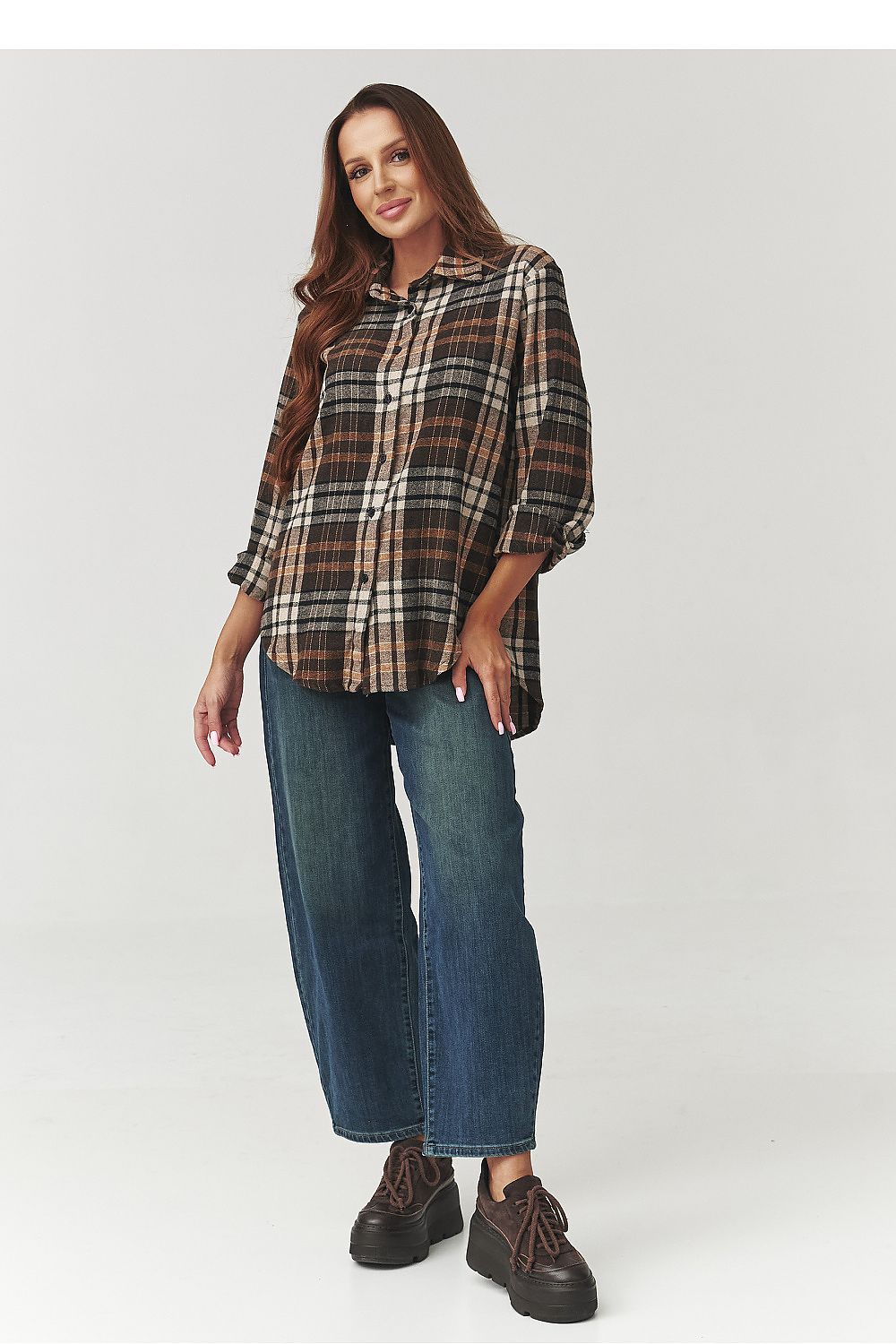 Showcasing Makadamia Long Sleeve Cotton Plaid Shirt with relaxed fit, designed for effortless sophistication and trend-setting style.