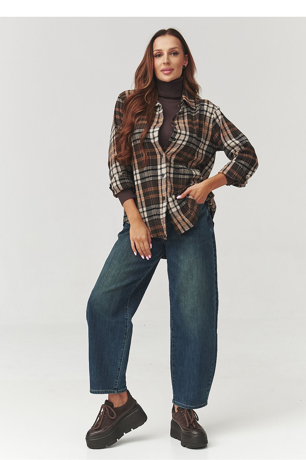 Elegant Makadamia Long Sleeve Cotton Plaid Shirt in soft fabric, perfect for casual styles, showcasing a classic plaid pattern and a loose fit design.