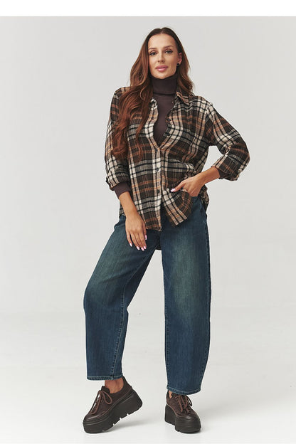 Elegant Makadamia Long Sleeve Cotton Plaid Shirt in soft fabric, perfect for casual styles, showcasing a classic plaid pattern and a loose fit design.