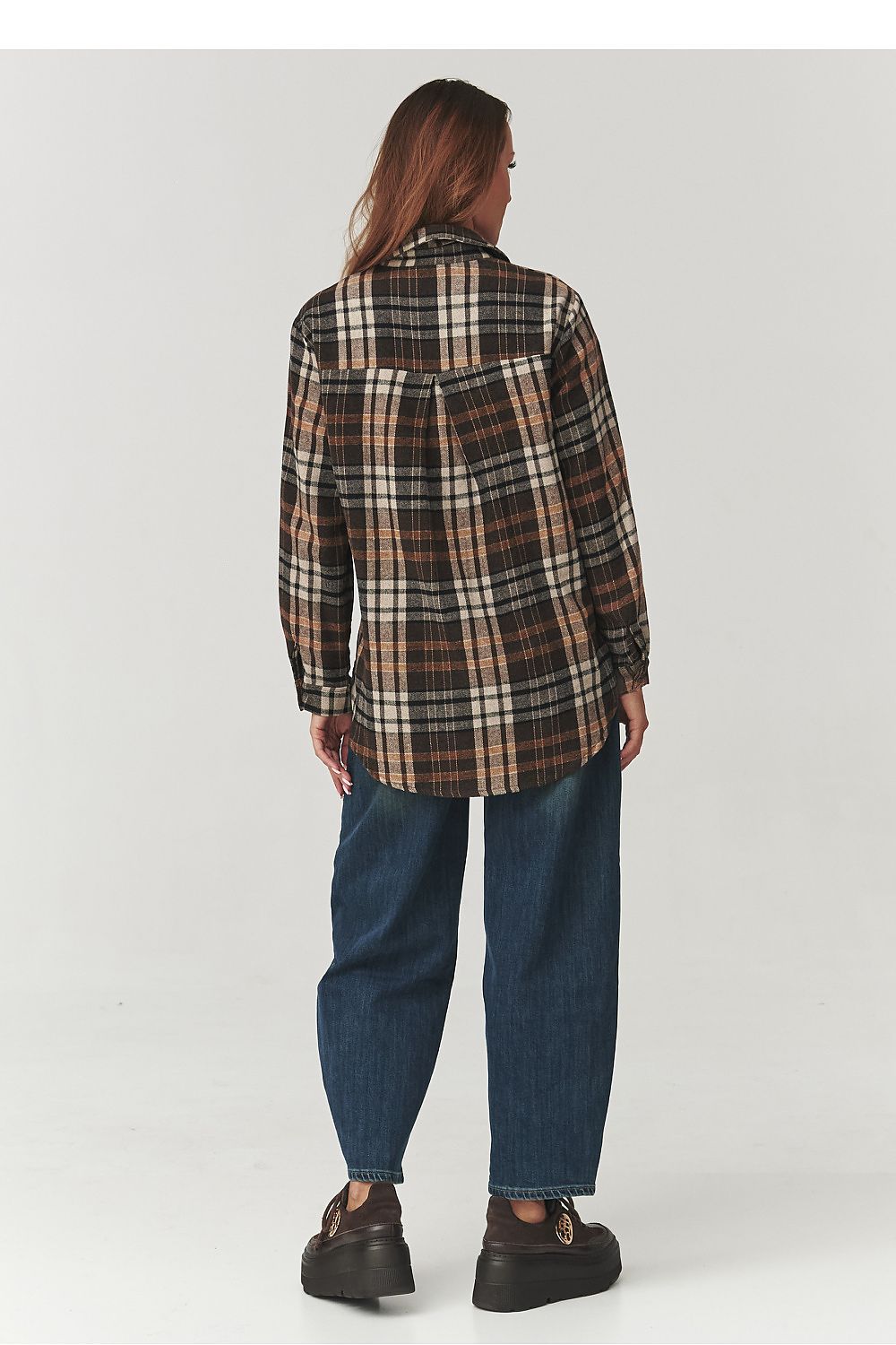 Stylish Makadamia Long Sleeve Cotton Plaid Shirt, featuring an elongated back and available in various autumn colours, ideal for versatile outfit pairings.
