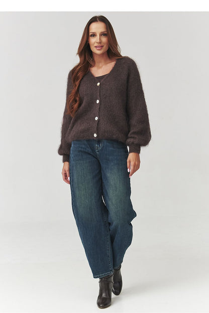 Luxurious oversized Makadamia cardigan in ecru, made from a soft mohair blend, perfect for cooler days, featuring a loose fit and large buttons.