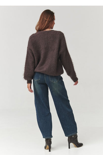 Chic Makadamia cardigan in mocha, showcasing a fluffy texture and elegant oversized design, ideal for stylish winter outfits.